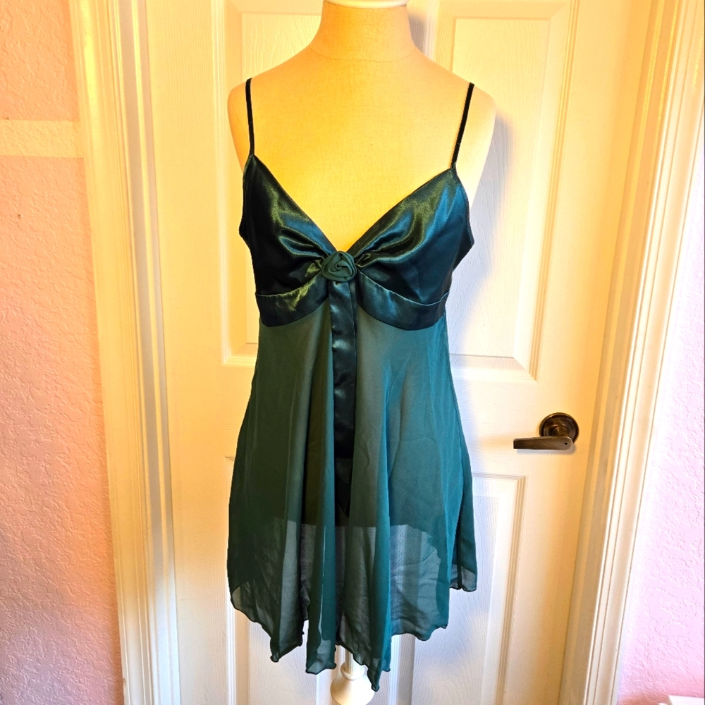 Vintage Victoria’s Secret Green Babydoll Top Satin And Mesh Size M Bow Front